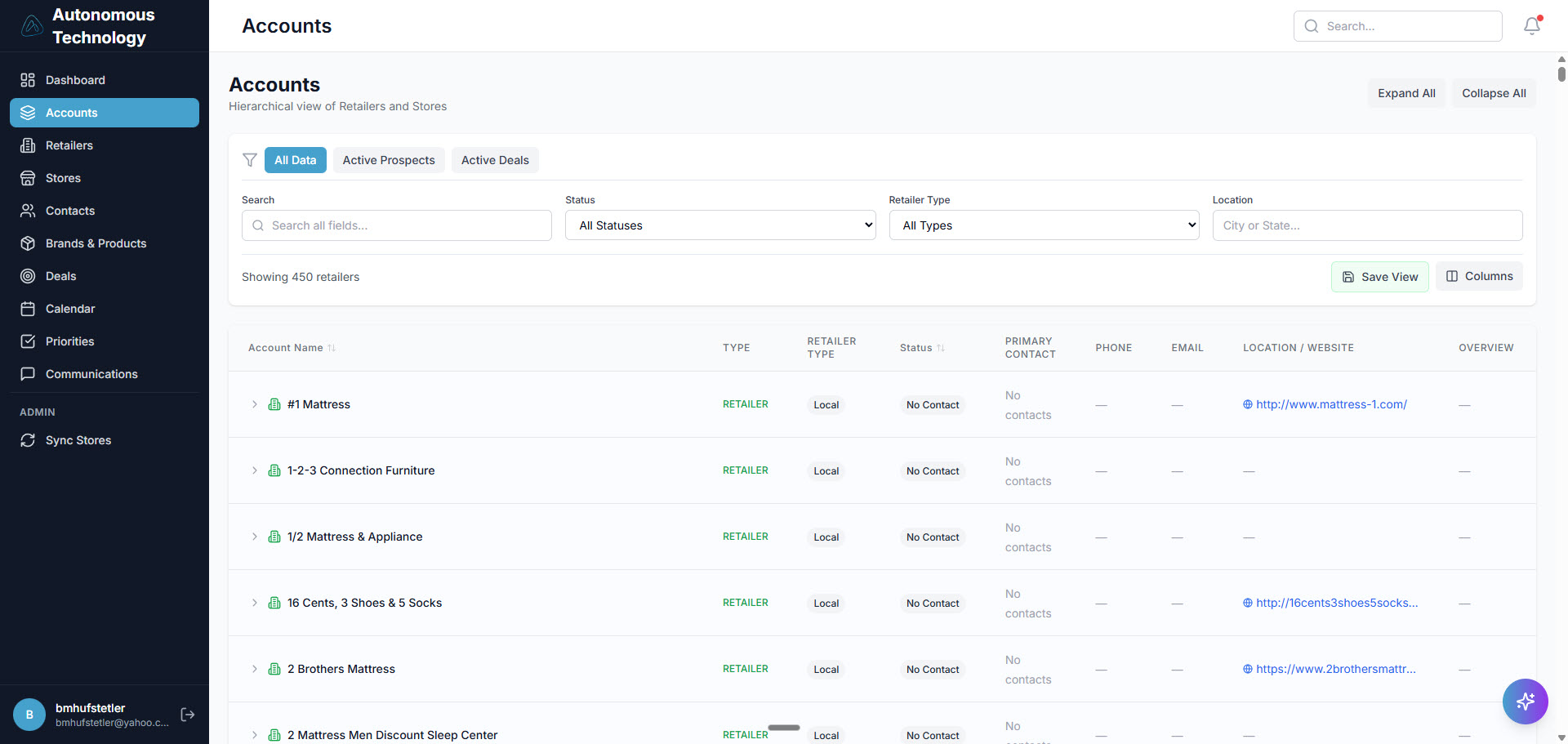 Autonomous Technology CRM accounts screen
